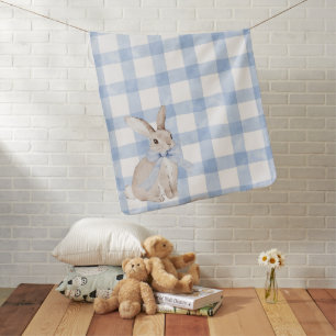 Blue Bunny Rabbit Gingham Watercolor Baby Blanket