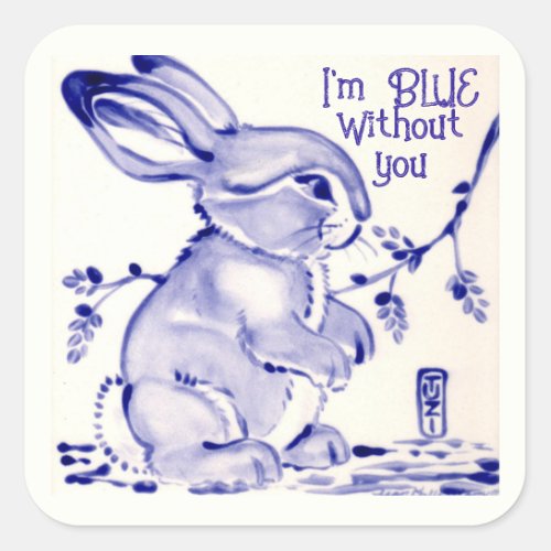 Blue Bunny Rabbit Missing You Cute Artistic Square Sticker