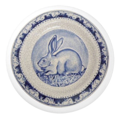 Blue Bunny Rabbit Plate Delft Dedham Ceramic Pull