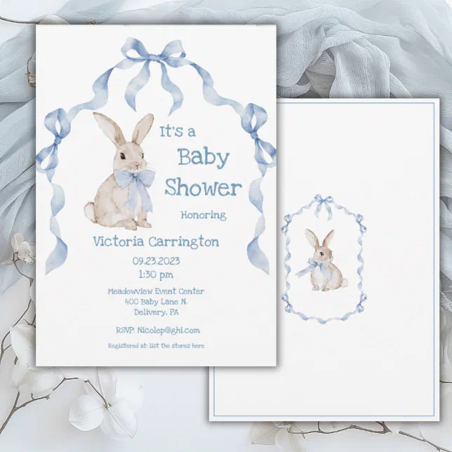 Blue Bunny Rabbit Ribbon Boy Baby Invitation | Zazzle