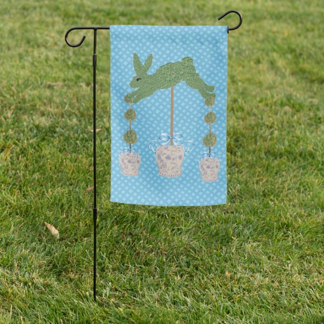 Blue Bunny Rabbit Topiary Ginger Jars Garden Flag (In SItu)