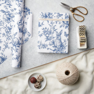 Blue Bunny Rabbit Vintage Baby Shower Wrapping Paper