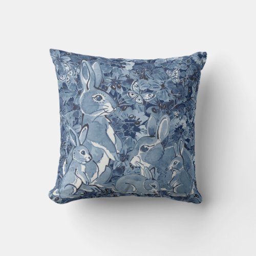 Blue Bunny Rabbit  Watercolor Floral Butterfly Throw Pillow