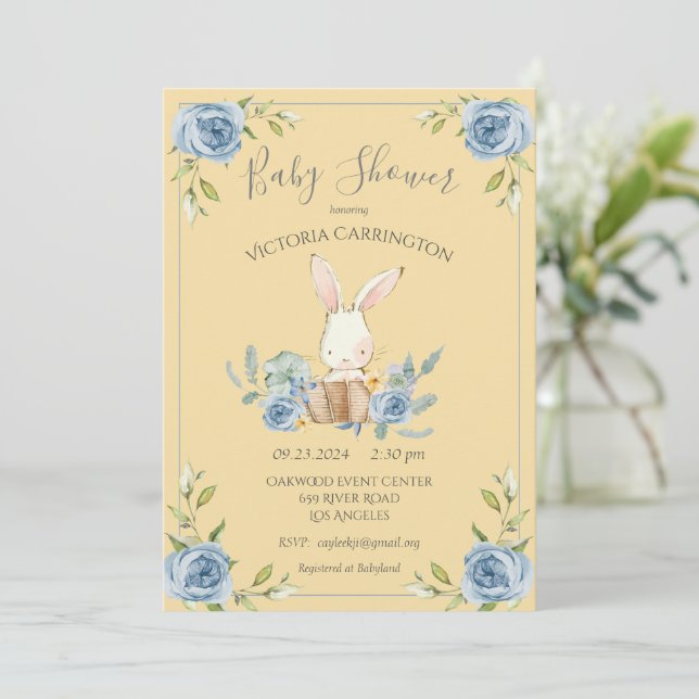 Blue Bunny Rabbit Yellow Boy Baby Shower Invitation (Standing Front)