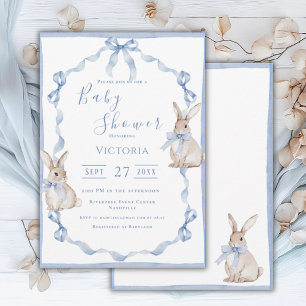 Blue Bunny Ribbon Vintage Baby Shower Invitation