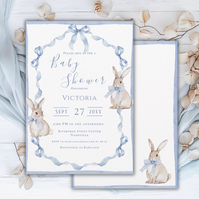 Blue Bunny Ribbon Vintage Baby Shower Invitation (Creator Uploaded)
