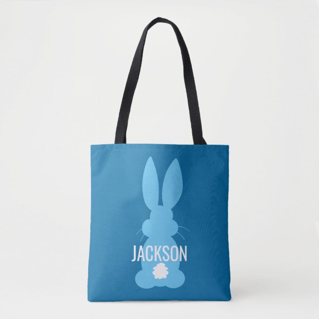Blue Bunny Silhouette Easter Personalized Boys Tote Bag (Front)