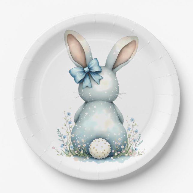 Blue Bunny Tail Cottontail Easter Bunny with Eggs Paper Plates (Front)