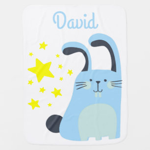 Blue bunny with name and stars baby blanket