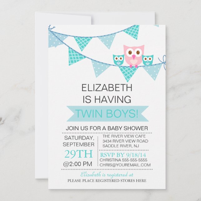 Blue Bunting Pennant Owl TWIN Boys Baby Shower Invitation (Front)