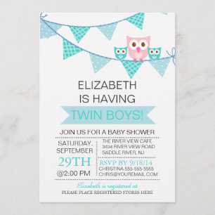 Blue Bunting Pennant Owl TWIN Boys Baby Shower Invitation