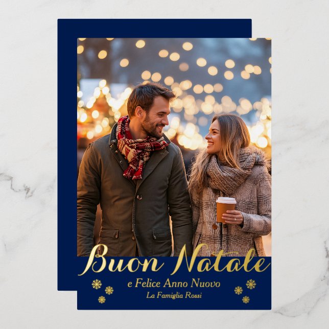 Blue Buon Natale e Felice Anno Nuovo Script Photo Foil Holiday Card (Front/Back)