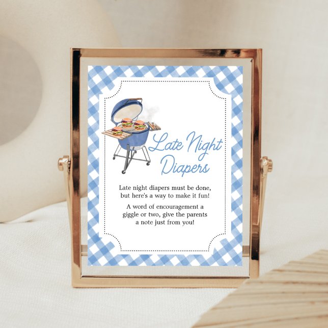Blue Burger BBQ Baby Shower Late Night Diapers Poster (Boy Backyard BBQ Baby Shower Late Night Diapers Sign)