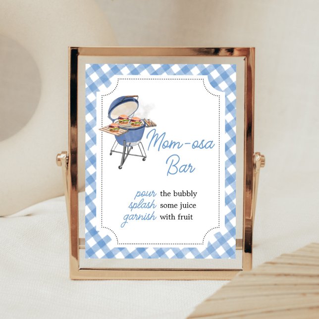 Blue Burger BBQ Baby Shower Mom Osa Bar Poster (Boy Backyard BBQ Baby Shower Mom Osa Bar Sign)