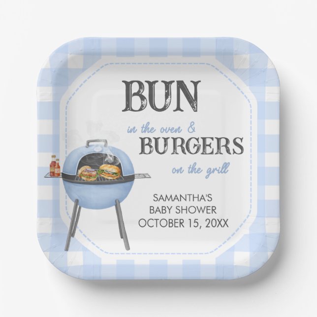 Blue Burger BBQ Baby Shower Paper Plates (Front)