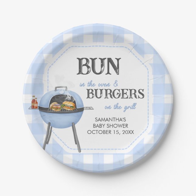 Blue Burger BBQ Baby Shower Paper Plates (Front)