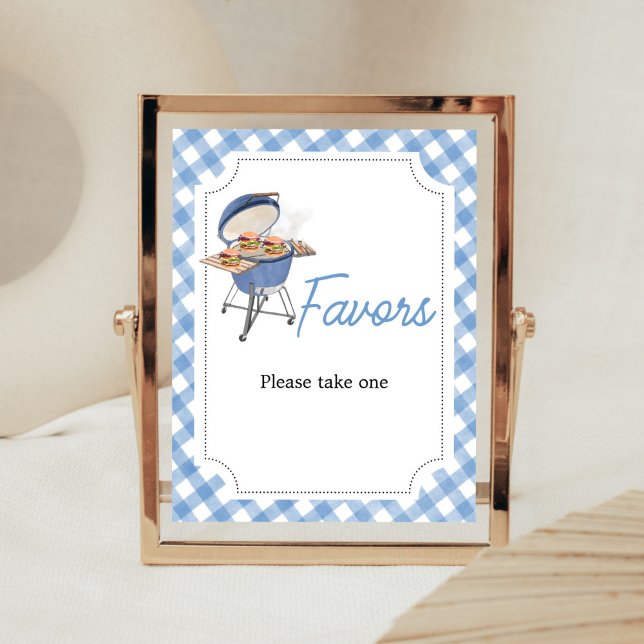 Blue Burger BBQ Favors  Poster (Boy Backyard BBQ Baby Shower Favors Sign)