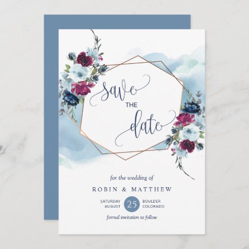 Blue Burgundy and Berry Floral Elegant Wedding Save The Date