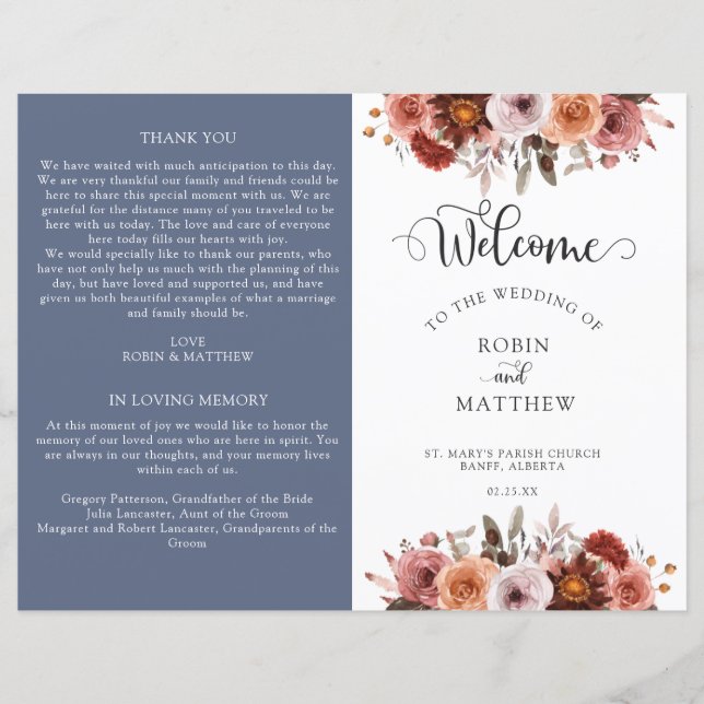 Blue, Burgundy and Blush Floral Wedding Program (Front)
