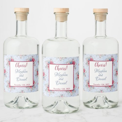 Blue Burgundy and Pink Floral Wedding Liquor Label