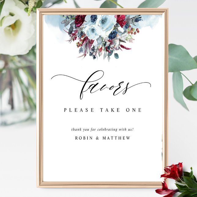 Blue Burgundy and Red Floral Wedding Favor Sign (Creator Uploaded)