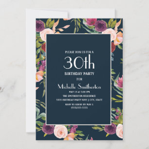 Blue Burgundy Blush Floral 30th Birthday Invitation