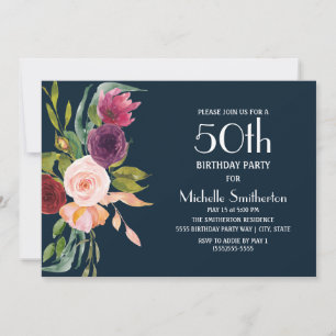 Blue Burgundy Blush Floral 50th Birthday Invitation