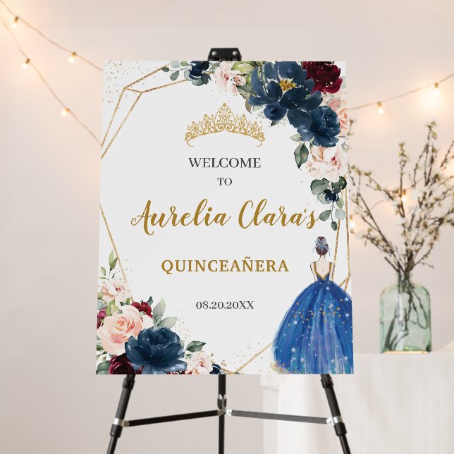Blue Burgundy Blush Floral Quinceañera Welcome    Foam Board (In Situ (Stand))