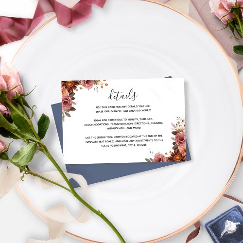 Blue Burgundy Blush Pink Floral Wedding Details Enclosure Card