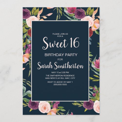 Blue Burgundy Blush Watercolor Floral Sweet 16 Invitation