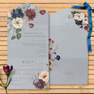 Blue Burgundy & Cream Rustic Floral Blue Dinner All In One Invitation