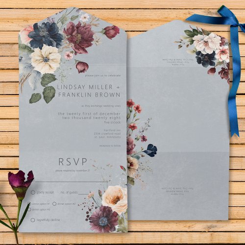 Blue Burgundy  Cream Rustic Floral Blue Dinner All In One Invitation