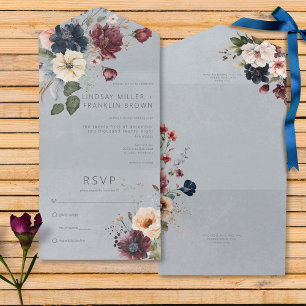 Blue Burgundy & Cream Rustic Floral Blue No Dinner All In One Invitation