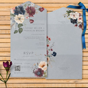 Blue Burgundy & Cream Rustic Floral Blue QR Code All In One Invitation