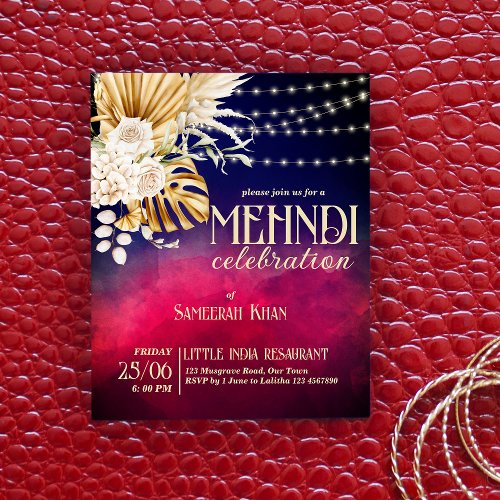 Blue burgundy floral bridal Mehndi budget invite