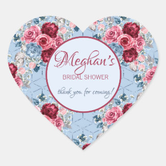 Blue & Burgundy Floral Bridal Shower Thank You Heart Sticker