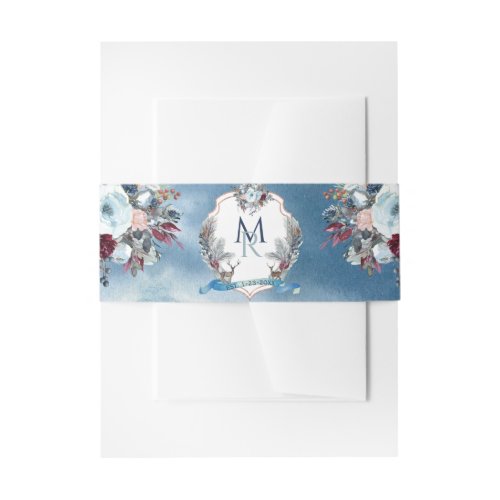 Blue Burgundy Floral Crest with Initials Wedding Invitation Belly Band