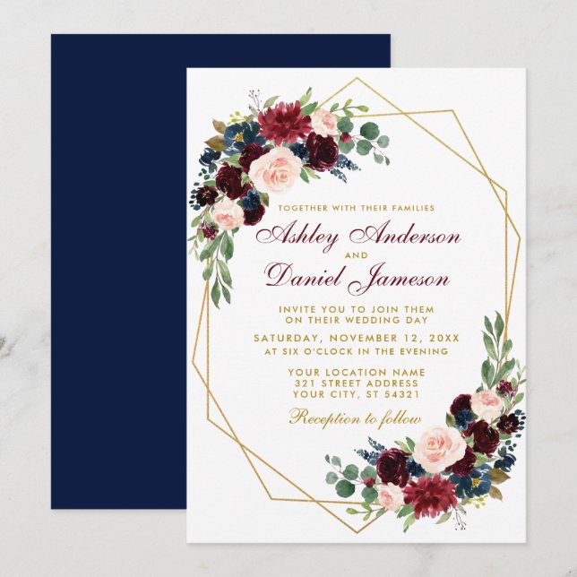 Blue Burgundy Floral Geometric Gold Wedding B Invitation (Front/Back)