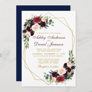 Blue Burgundy Floral Geometric Gold Wedding B Invitation