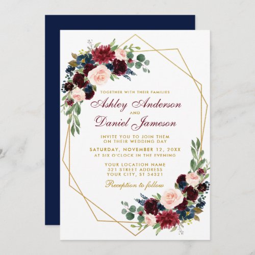 Blue Burgundy Floral Geometric Gold Wedding B Invitation