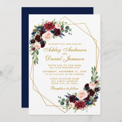 Blue Burgundy Floral Geometric Gold Wedding Invitation