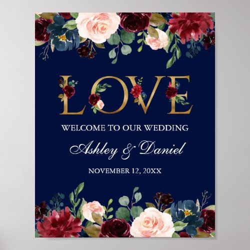 Blue Burgundy Floral Gold Love Wedding Welcome Poster