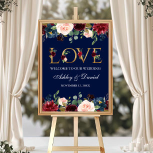 Blue Burgundy Floral Gold Love Wedding Welcome Poster