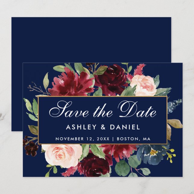 Blue Burgundy Floral Gold Save The Date (Front/Back)