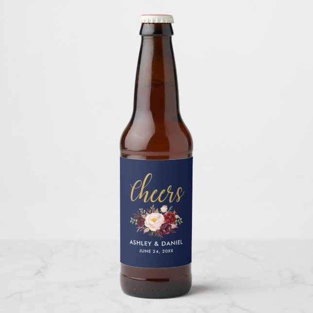 Blue Burgundy Floral Gold Wedding Cheers Beer Bottle Label (Front)