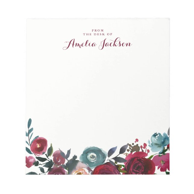 Blue Burgundy Floral Personalized Note Stationery (Front)