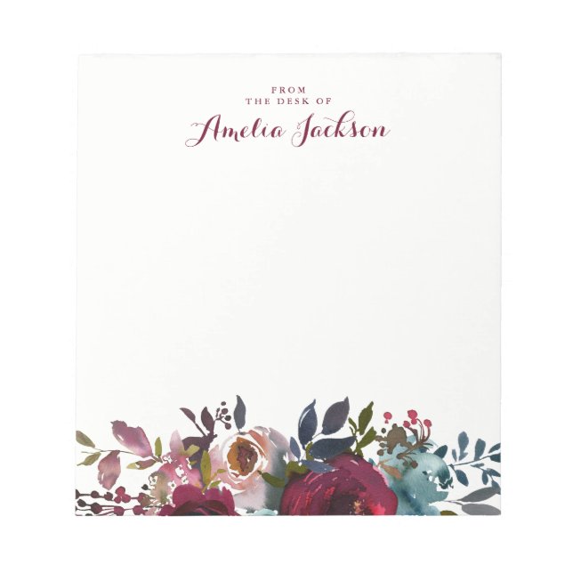Blue Burgundy Floral Personalized Stationery Notepad (Front)