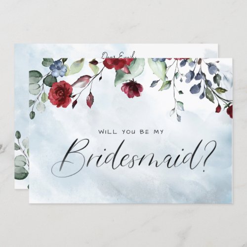 Blue Burgundy Floral Watercolor Script Bridesmaid Invitation