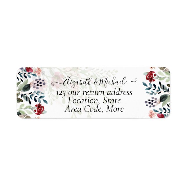 Blue Burgundy Floral Wedding Return Address Label (Front)