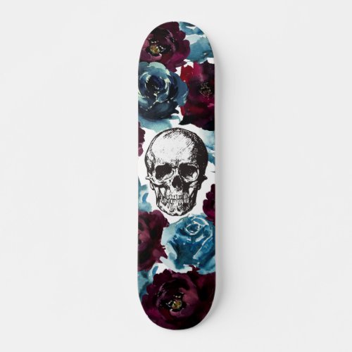 Blue Burgundy Flowers Skull GIrly Edgy Skateboard